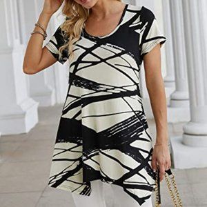 Black & White Abstract Art Short Sleeve Tunic Shirt Scoop Neck Top New
